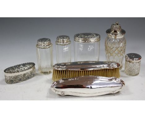 A pair of George V silver backed brushes, maker W J Myott & Co, Birmingham 1913; together with various silver topped glass dr