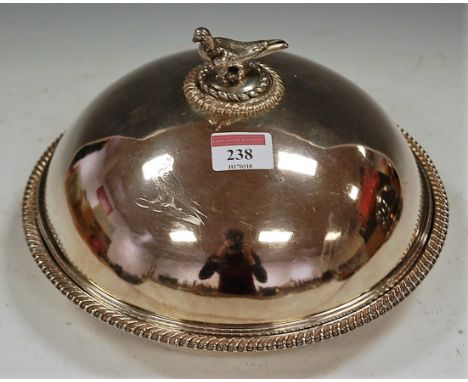 A 19th century Old Sheffield Plate muffin dish and cover, the cover of circular form with gadrooned rim, the lid with engrave