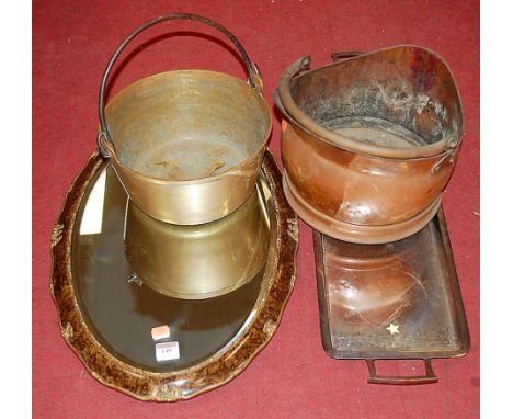 A small collection of miscellaneous items, to include; early 20th century copper helmet shaped coal scuttle, silver plated tw