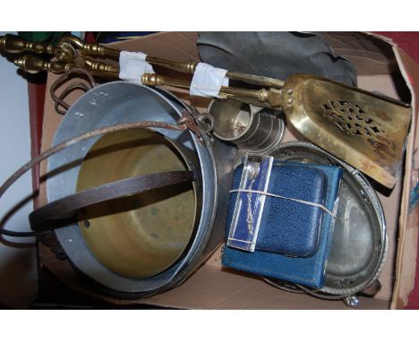 A box of miscellaneous items to include brass jam pan, turned brass fire tools etc