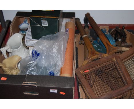 Two boxes of miscellaneous items to include Victorian relief jugs,various vintage tennis racquets, child's sewing machine, et