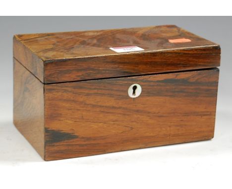 A Victorian rosewood tea caddy, of plain rectangular form, the hinged lid revealing fitted interior, w.20cm