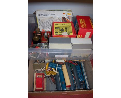 Two boxes of miscellaneous toys to include stationary steam engine, various 00 gauge tenders and accessories etc