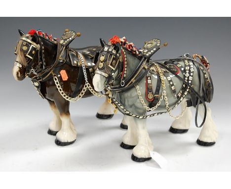A pair of Melba shire horses in full harness and tack, height 29cm