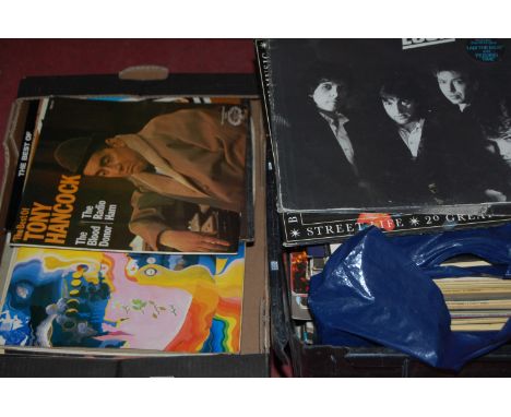 Two boxes of assorted long playing records to include Bob Dylan - Hard Rain, Bryan Ferry & Roxy Music - Greatest Hits, Donova