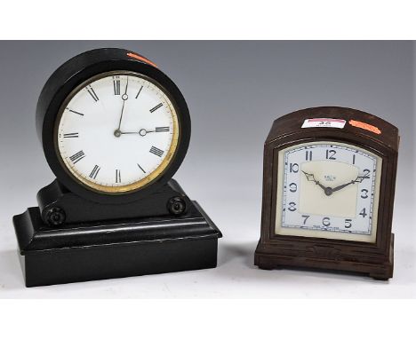 An Art Deco Smiths Sectric bakelite cased mantel clock (heavily damaged to one side); together with an early 20th century ebo