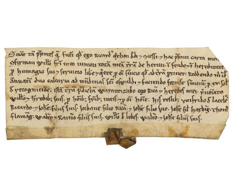 Medieval spurs as rent.- Charter, grant by Richard ?of Kirkheaton, Yorkshire, to William of land in Hetton, in fee and heredi