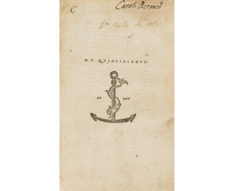 Aldus.- Quintilianus (Marcus Fabius) [De institutione oratoria], first Aldine edition, collation: *4, a-z A-E8, F6, (lacking 