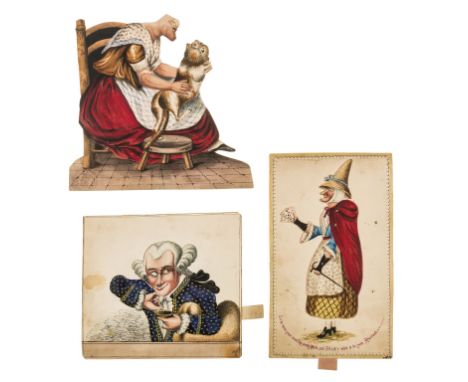 Movables.- English School (19th century) Three pull tab movable animated cards, including a seated lady stroking a cat, a gen