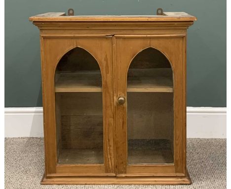 VICTORIAN STRIPPED PINE TWO-DOOR WALL CABINET, panel sided, twin arched glazed doors, interior shelf, 69cms H, 66cms W, 35cms