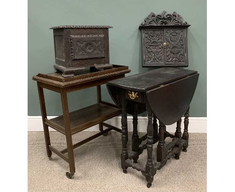 FOUR PIECES OF ANTIQUE & LATER OAK FURNITURE, comprising a two-tier tea trolley, foldover top, 76 (H) x 68 (W) x 41cms (D), g