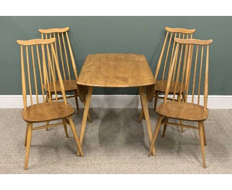 ERCOL LIGHT ELM &amp; BEECH DINING SUITE, comprising, drop leaf dining table on splayed, slightly tapering square supports, 7