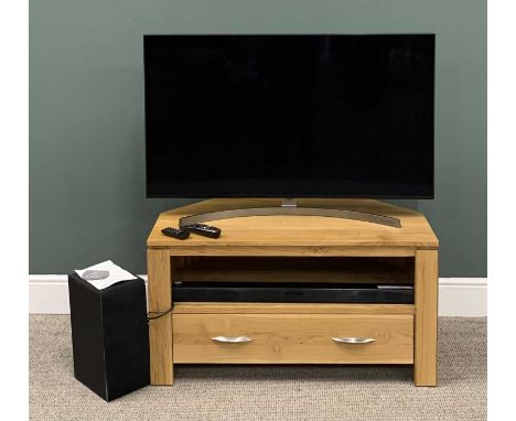 LG 49 INCH SMART TV ON A MODERN OAK ENTERTAINMENT STAND, TV with remote control, sound bar and speaker, TV curved support bar