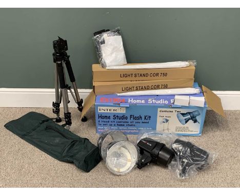 INTERFIT EX150A BOXED HOME STUDIO FLASH KIT AND A CAMERA TRIPOD WITH CANVAS CARRY CASE, E/TProvenance: deceased estate Conwy