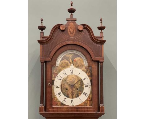 JOHN HEALY OF MANCHESTER VICTORIAN LONGCASE CLOCK inlaid mahogany, colourful arched top moon-phase dial, signed to the arch, 