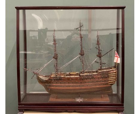 HMS VICTORY CASED MODEL GALLEON WITH PLAQUE, 20th Century fully rigged 104 gun first-rate ship of the Royal Navy on stand, in