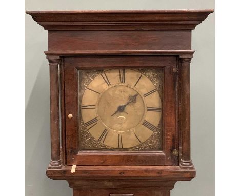 BRASS DIAL OAK LONGCASE CLOCK, circa 1780, 11 inch square dial, pierced cherubic head spandrels, Roman numerals, date apertur