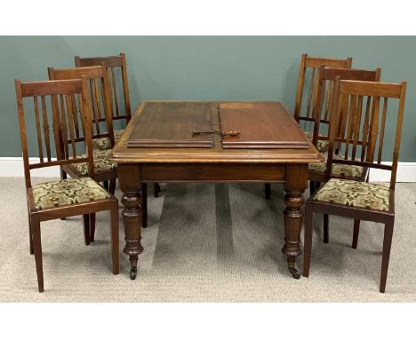 VICTORIAN MAHOGANY EXTENDING DINING TABLE &amp; SET OF SIX LATER HIGH BACK MAHOGANY DINING CHAIRS, the table with rounded cor