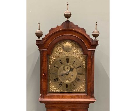 CHARLES BANYARD - EAST DEARHAM - GEORGE III PERIOD MAHOGANY LONGCASE CLOCK, arched top brass dial, dolphin spandrels, signed 