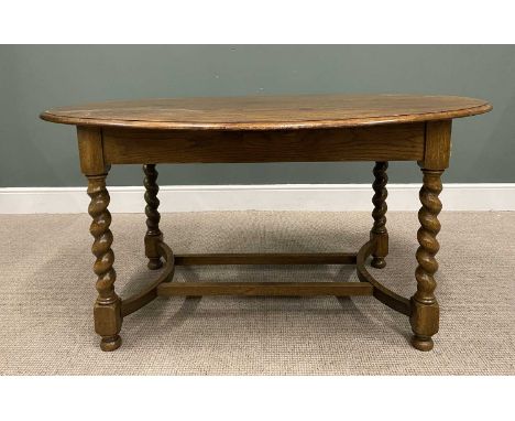 VINTAGE OAK OVAL TOP DINING TABLE  barley twist supports, bowed end double cross stretcher, 76 (H) x 153 (L) x 104cms (W)Prov