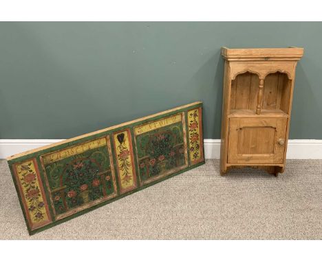 EUROPEAN HANDPAINTED FLORAL PANEL & A REPRODUCTION PINE WALL CABINET, 48 (H) x 125cms (W) and 89 (H) x 44.5 (W) x 18cms (D) m