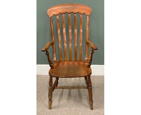 VINTAGE HIGH BACK FARMHOUSE ARMCHAIR curved crest rail, slatted back, swept arms, solid seat, turned supports with H stretche