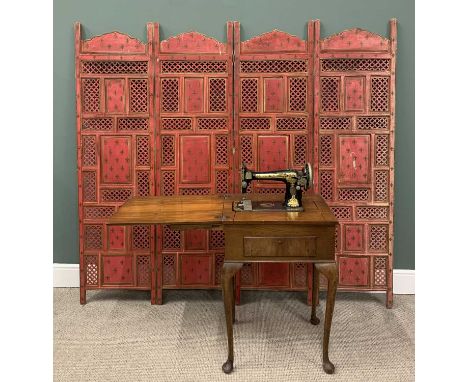FOUR-FOLD EASTERN STYLE PAINTED DRESSING SCREEN & A VINTAGE SINGER SEWING MACHINE housed in a mahogany workstation, 182H x 20