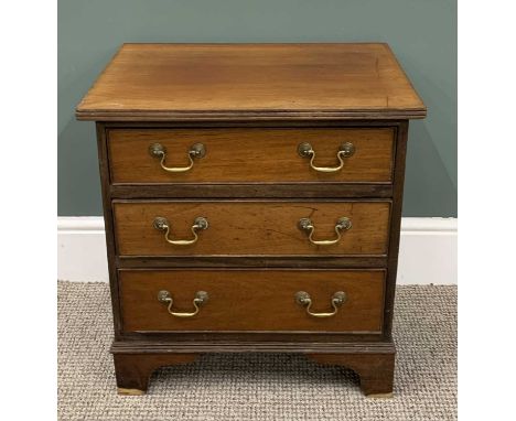 SMALL VINTAGE MAHOGANY CHEST OF THREE LONG DRAWERS oak lined, circular brass pommels, swan-neck handles, corner bracket feet,