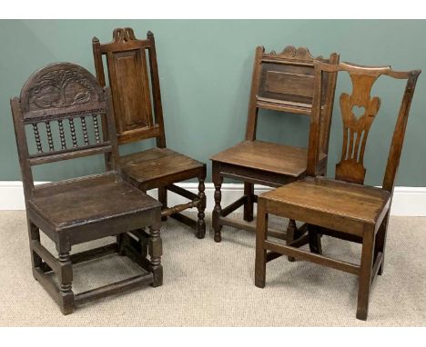 HARLEQUIN GROUP OF FOUR ANTIQUE OAK FARMHOUSE CHAIRS, 18TH Century & later, comprising an early carved example, arched crest 