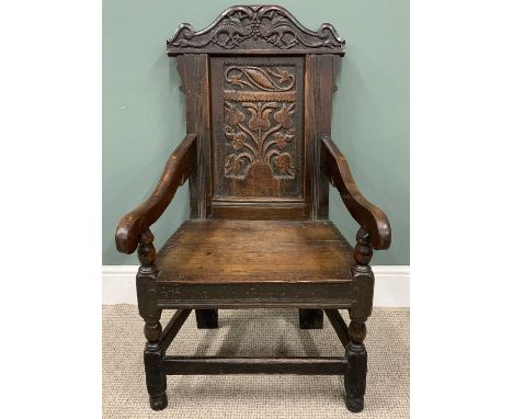 ANTIQUE OAK WAINSCOTT ARMCHAIR, Circa 1760, peg joined construction, shaped crest rail with lizards eating fruit detail, cent