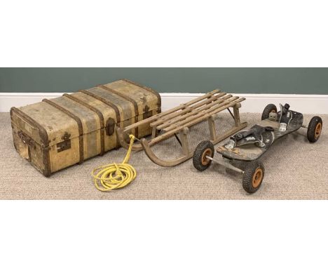 VINTAGE AND LATER COLLECTABLES GROUP comprising a slatted wooden sledge/ toboggan, 24 (H) x 110 (L) x 32cms (W), wooden-bande