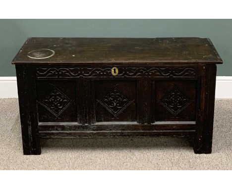 18TH CENTURY OAK PLANKED BLANKET CHEST WITH INTERIOR CANDLE BOX, the single piece top with edge moulded detail, peg joined co