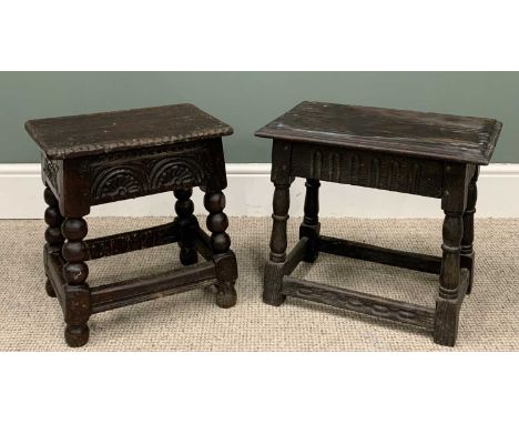 TWO ANTIQUE STYLE OAK JOINT STOOLS, the first with chip-carved detail to the top edge, carved fan detail to the frieze, bobbi