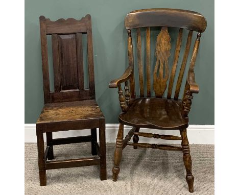 TWO ANTIQUE CHAIRS circa 1800 & later, peg joined early oak hall chair, shaped crest rail, fielded panel back, solid seat, ca