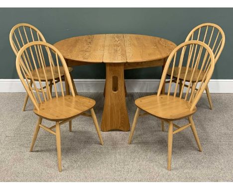 ERCOL LIGHT ELM AND BEECH WINSDOR DINING TABLE AND FOUR HOOP-BACK CHAIRS WITH GOLD BUTTON LABELS, 73 (H) x 107.5 (L) x 22cms 