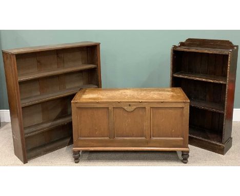 THREE VINTAGE FURNITURE ITEMS comprising, oak open bookcase, four fixed shelves, bobbin detail, plinth base 107 (H) x 61 (W) 