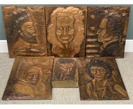 JAIN KOFFLER BA (BRITISH) SIX REPOUSSE COPPER PANELS, the first titled 'George Washington Esq', 59 x 43cms, 'Harar Worker Afr