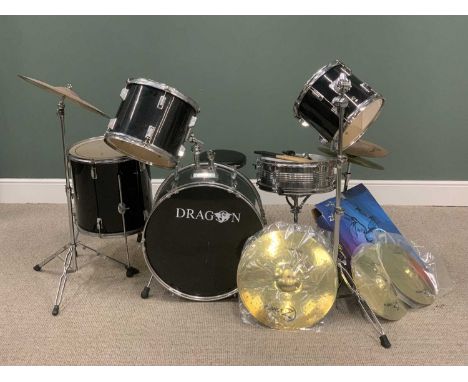 BLACK AND CHROME DRUMKIT comprising five various drums, cymbals, stool, foot pedals and drumsticks along with three new Plane