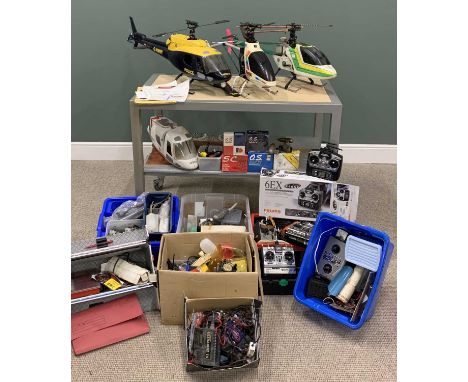 THREE RADIO CONTROLLED HELICOPTER MODELS & A LARGE QUANTITY OF ASSOCIATED EQUIPMENT including a boxed Futaber 6EX control con