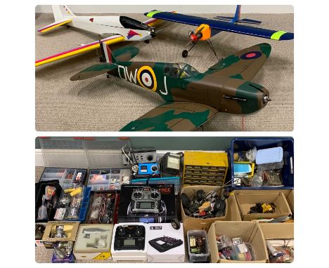 THREE RADIO CONTROLLED MODEL AIRPLANES & A QUANTITY OF POSSIBLY RELATED GOODS AND MATERIALS, 180cms wingspan, 145cms (L) the 