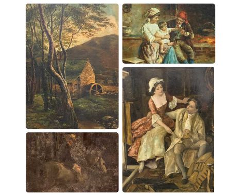 THREE GILT FRAMED OILS ON CANVAS PAINTINGS & A SIMILAR COLOUR HEIGHTENED PRINT, the first oil after JEAN BAPTISTE CAMILLE COR