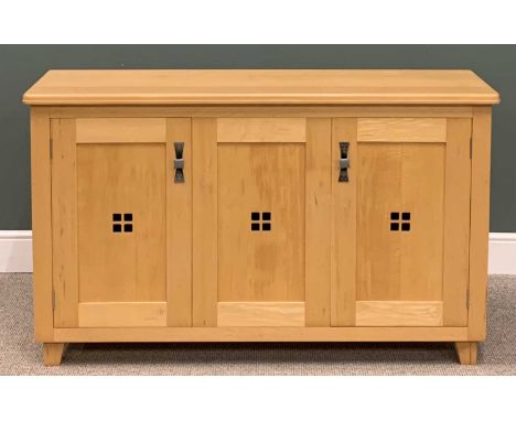 MODERN SOLID LIGHTWOOD SIDEBOARD, moulded edge top, two door with central panel base, square pierced detail to the panels, st