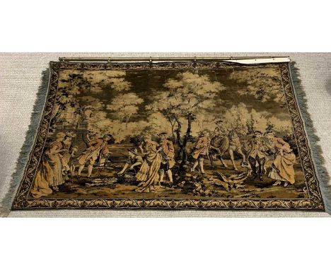 ANTIQUE STYLE WOVEN WOOL TAPESTRY on a vintage brass hanging rail, Classical scene of people in period dress in a garden sett