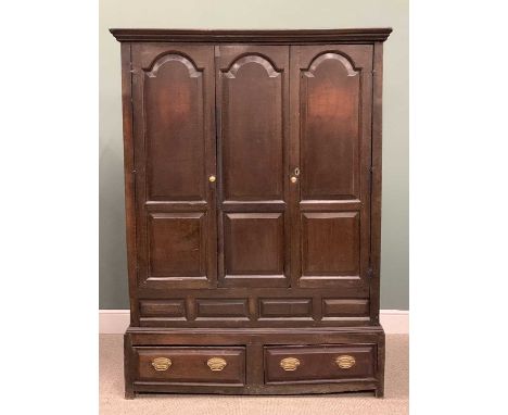 18TH CENTURY OAK PRESS CUPBOARD, circa 1760, peg-joined, panel sided, twin front opening doors and central panel, all having 