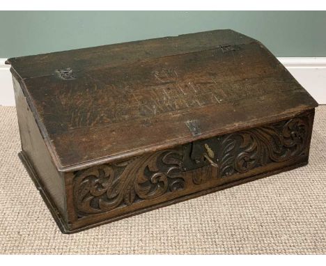 18TH CENTURY OAK BIBLE BOX initialled E.H and dated 1744 to the top, original iron hinges, clasp lock, working with key, slop
