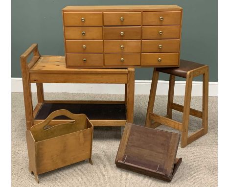 FIVE ITEMS OF VINTAGE & LATER FURNITURE to include a lightwood counter-top bank of twelve opening drawers, brass effect knobs