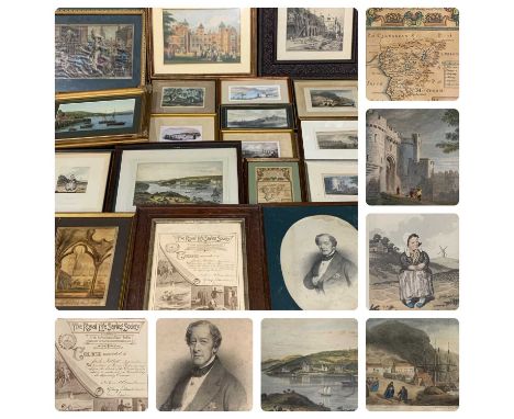APPROXIMATELY TWENTY FRAMED PICTURES AND PRINTS ETC including early views of Menai, Barmouth, Beaumaris Castle and others, 20