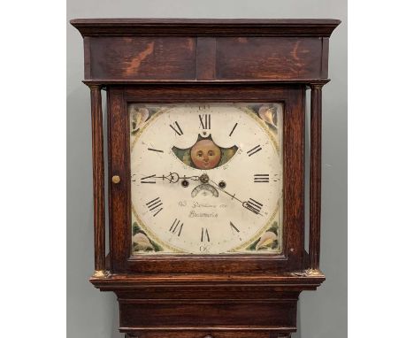 OAK LONGCASE CLOCK BY W DAVIDSON BEAUMARIS, circa 1840, 14 inch square painted moon phase dial, calendar aperture, Roman Nume