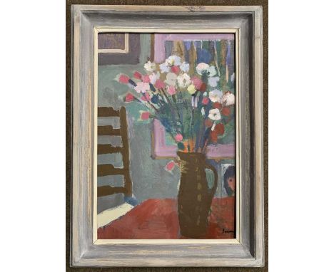 Derek Inwood (British,1925-2012), Interior scene with flowers in a vase and a ladder back chair, oil on board, signed lower r