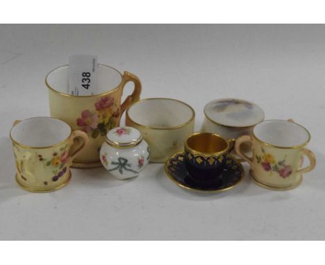 Group of Royal Worcester miniature wares including blush ground tyg, small cup and further tyg with painted flowers, small pi